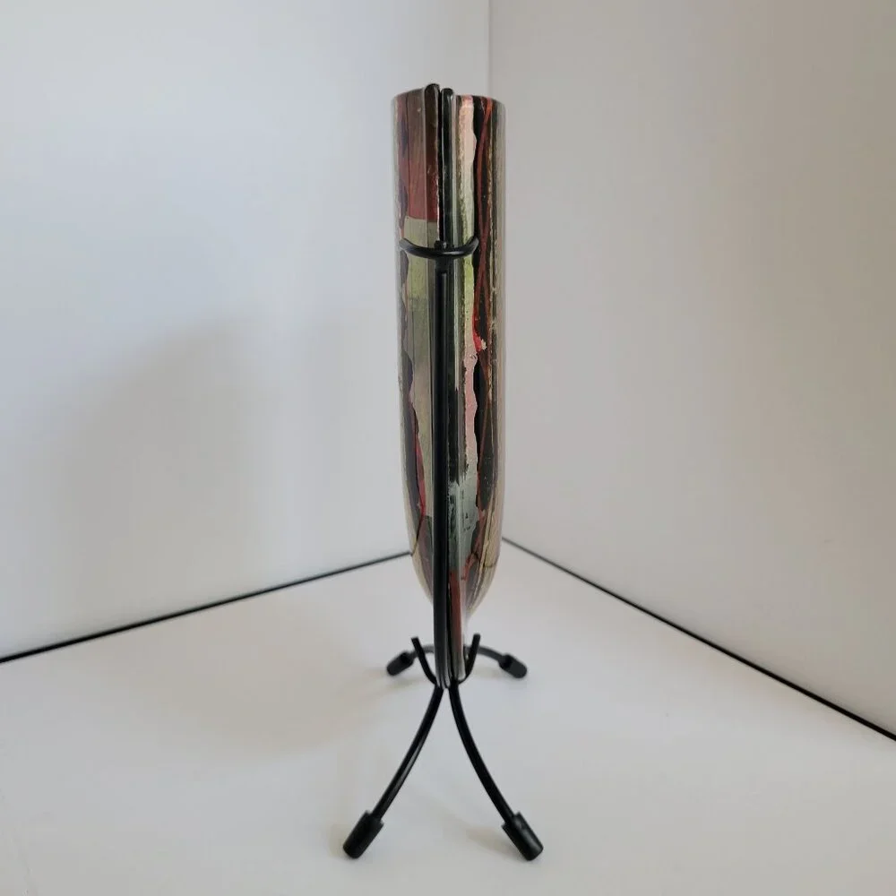 Massi Italian Vase U Shaped Art Glass with Metal Stand 9 1/4